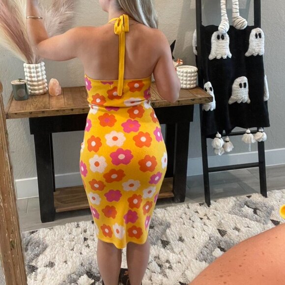 Willow & Wind Knit Orange Pink Halter Floral Print Daisy Women Size Large Dress - Picture 3 of 6